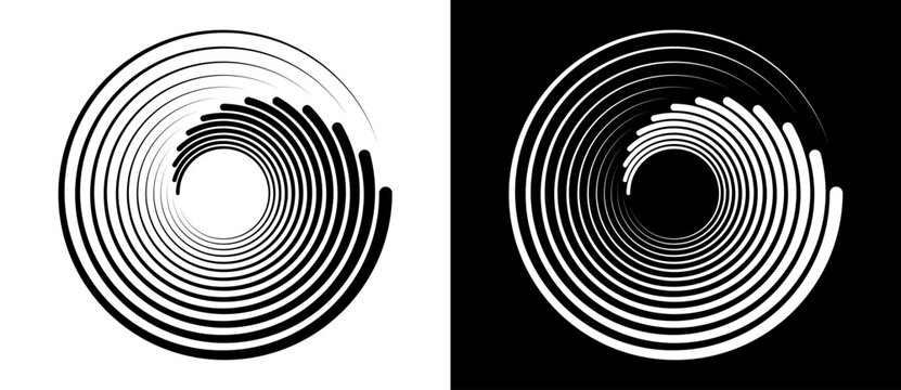 Abstract circular spiral pattern with dynamic concentric lines. Minimalist vector illustration of swirling vortex shape isolated on black and white backgrounds.