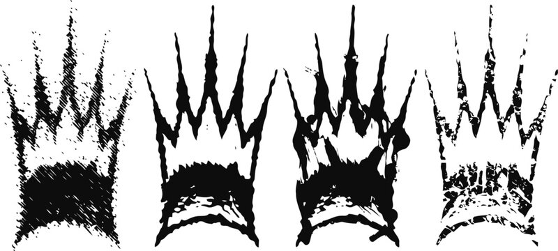 Black paint brush strokes with crown shapes artistic textured elements, grunge style, design and decoration