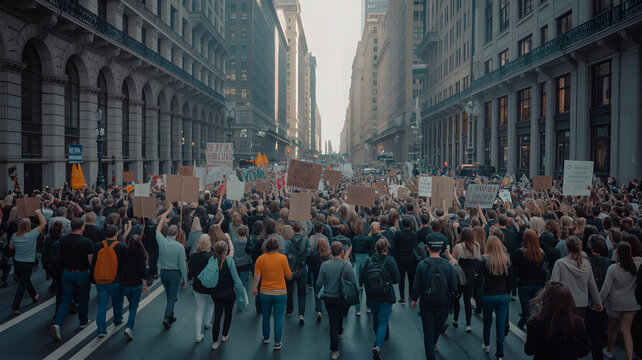 A large crowd of people is marching down a city street, holding protest signs and banners, demonstrating for a cause.