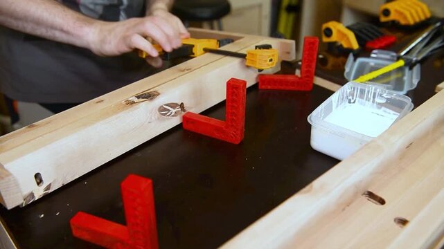 Carpenter using clamps to join and fasten a wooden timbers. Bar clamps joining two wooden pieces together using glue in a woodworking studio.