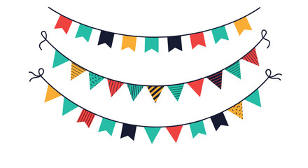 Obraz premium Three curved lines of festive party bunting flags in various colors and patterns hang against a white background.