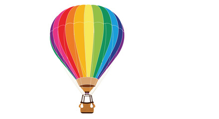 Fototapeta premium Vibrant rainbow colored hot air balloon with a brown woven basket floats against a clear white background in a detailed vector style.