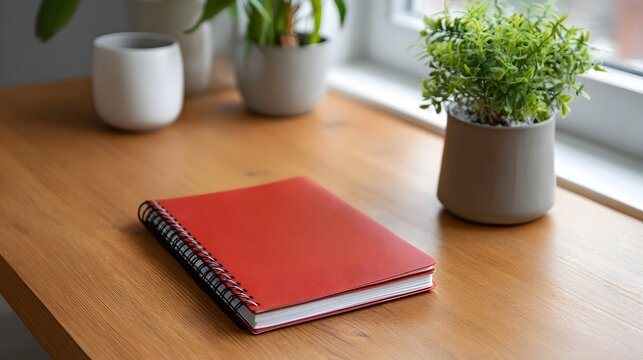 A closed red notebook with a spiral binding lies on a wooden desk beside potted green plants