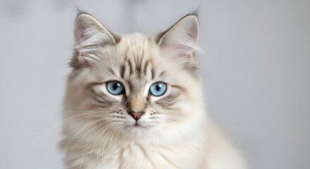 Obraz premium Fluffy white siberian cat with captivating blue eyes and soft fur, a serene close-up portrait