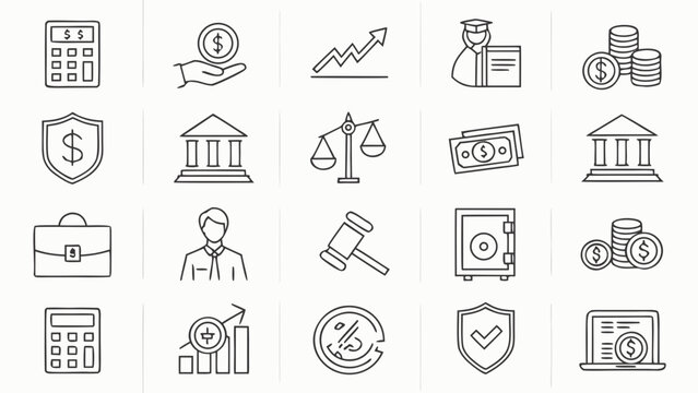 A collection of financial icons and symbols in a minimalist line art style