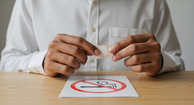 Person applying nicotine patch over no smoking symbol