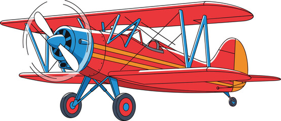 Colorful vintage biplane illustration with dynamic spinning propeller vibrant red orange yellow fuselage classic aviation design educational artwork showcasing  © MDMizanur