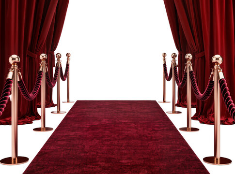 Isolated red carpet entrance with luxurious velvet curtains and elegant golden stanchions