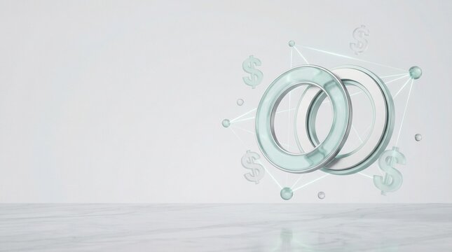 3D business alliance concept with interlocking rings and glowing network connections.
