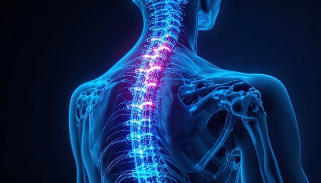 Human Spinal Cord Anatomy Illustration with Nerve Damage Highlighted in Red