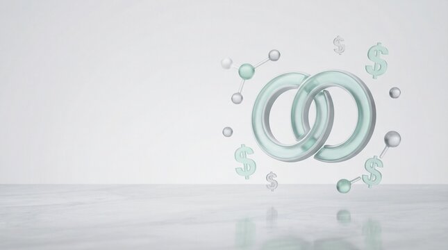 3D affiliate marketing concept with glass interlocking rings and floating dollar signs.