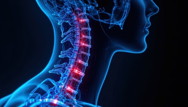 Human Body Anatomy Illustration with Spine Pain Highlighted in Red on Dark Blue Background