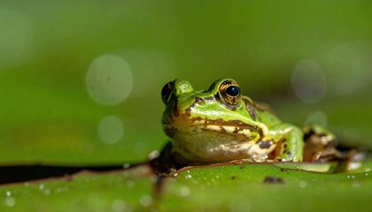 Obraz premium Green Frog Sitting on Leaf Closeup.