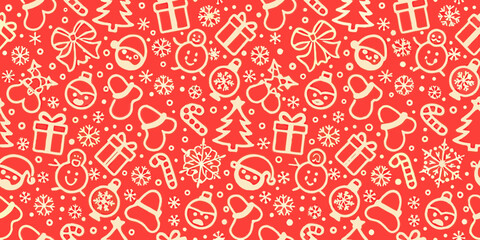 Naklejka premium Festive red background featuring various christmas icons and illustrations