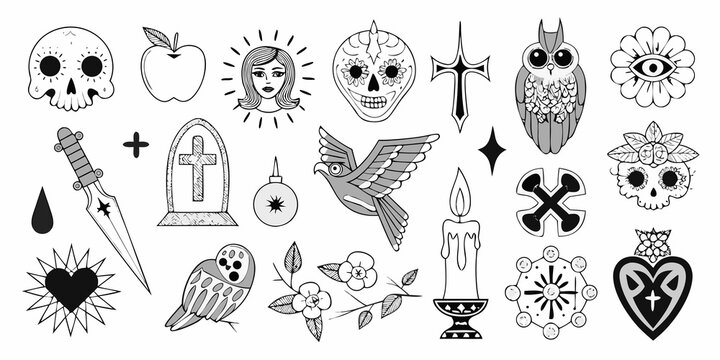 Collection of vintage flash tattoo style illustrations in black and white
