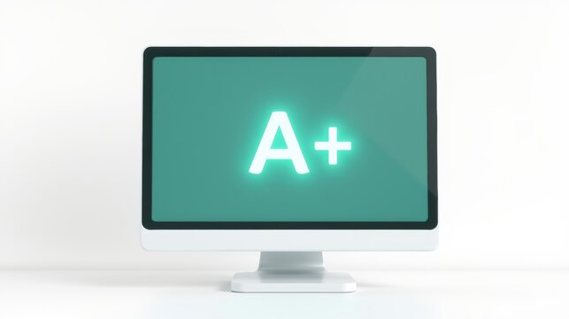 Monitor displays grade A. Simple presentation, clean background. Success, achievement, positive result shown digitally.