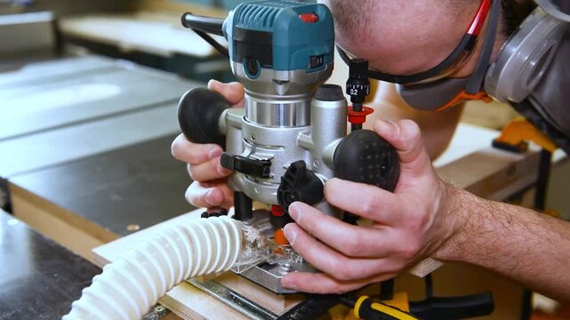 Woodwork workshop electric router tool shaping wooden plank with precision and care for detailed woodworking craftsmanship