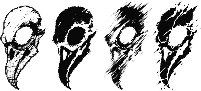 black and white grunge bird skull silhouettes set with rough textured brush strokes