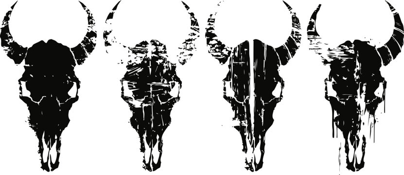 four black stylized bison skull silhouettes with horns set against white background