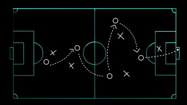 Neon Soccer football strategy and tactics scheme with arrow and players on Green Field with animated arrows and players movements. Motion graphics of goal concept