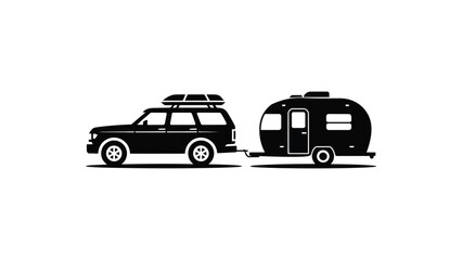 Fototapeta premium minimal black car towing camper trailer flat vector illustration isolated on white background travel road trip concept simple modern design