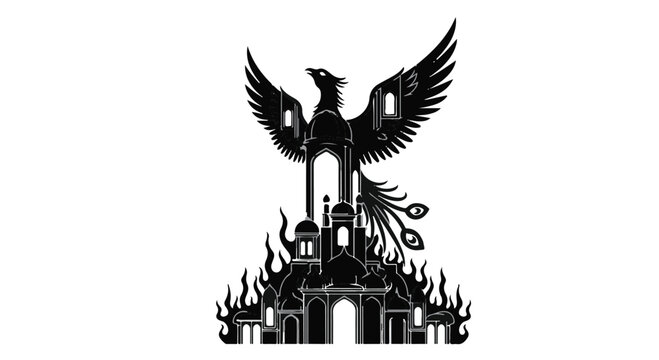 black eagle spreading wings over burning building silhouette