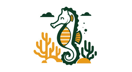 Stylized seahorse illustration with coral and cloud elements on white backdrop © Ditz