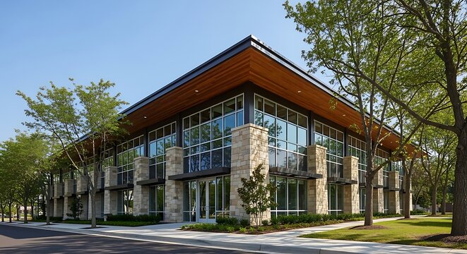 A modern, two-story building featuring large windows, stone accents, and wood detailing