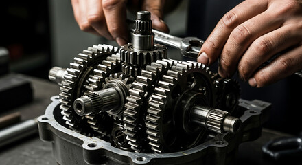 Naklejka premium Close-up of a mechanic's hands assembling a complex gearbox with multiple gears and shafts using a wrench in a workshop setting.