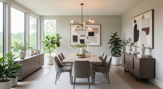 Modern minimalist dining and living room with natural lighting and indoor plants