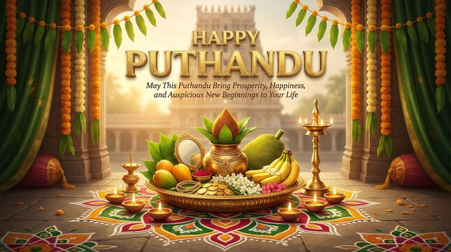 Happy puthandu festival celebration with traditional tamil new year fruit and decorations