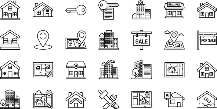 Real Estate and Property Line Icon Set for House Sale and Rental  home, building, apartment, architecture, rental, sale, for sale, key, location, map, pin, blueprint, 