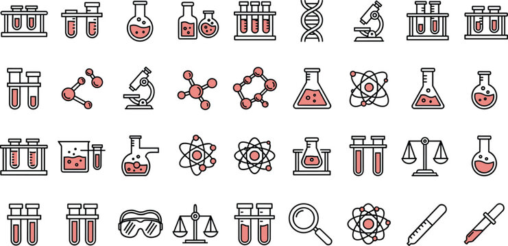 Chemistry Laboratory Equipment and Scientific Research Line Icons cience, laboratory, lab, equipment, research, medical, biology, biotechnology, test tube, flask, beaker, 
