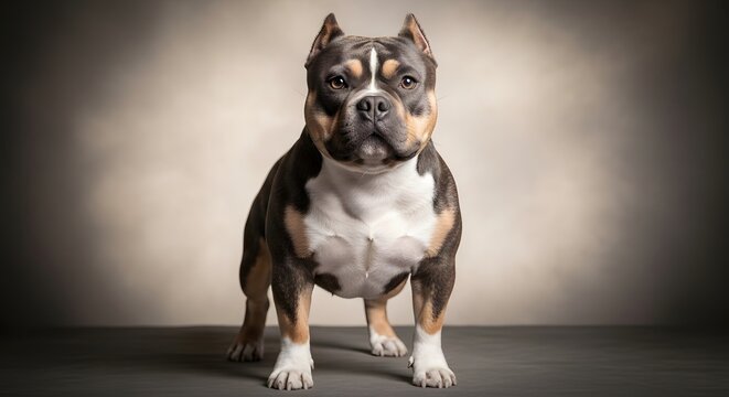 Powerful tricolor pocket bully dog standing in studio with direct gaze, muscular and compact build