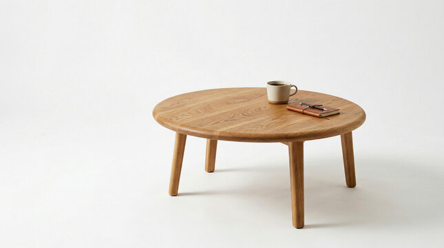Round wooden coffee table with natural grain and warm tones, holding a coffee mug and reading glasses - cozy living room furniture, still life