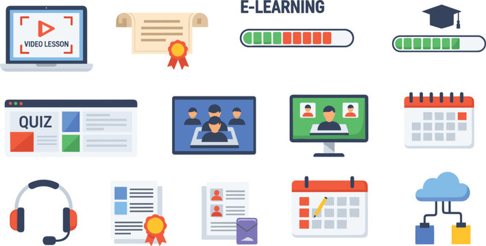 E Learning and Online Education Icon Set with Video Lessons, Quiz, Certificate, Students, Calendar, Progress Bar, Cloud, and Digital Classroom Elements