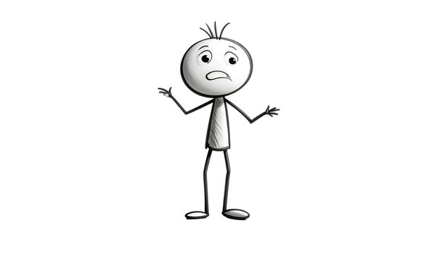 Simple monochrome stick figure expressing confusion with arms outstretched against black
