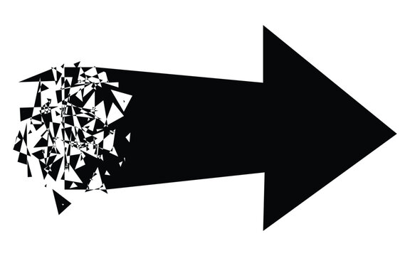 Broken arrow disintegration effect symbol with fragmented particles showing disruption failure or transformation concept in motion
