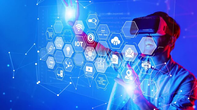 Explore the synergy of virtual reality and technology as a young individual engages with a holographic interface showcasing various digital icons symbolizing innovation and connectivity. Raster