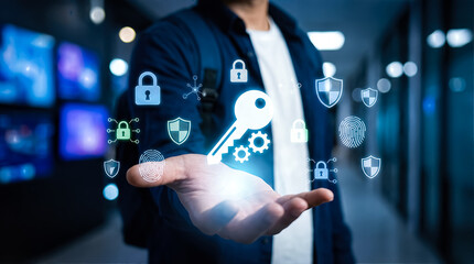 Fototapeta premium Cyber security and digital data protection concept with a person holding a glowing key icon and various security symbols