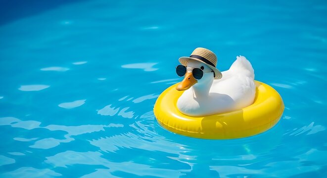 A white duck in sunglasses and a hat floats in a pool on a yellow inner tube