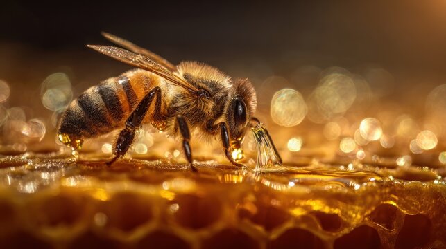 A macro closeup of a yellow and black honey bee with delicate wings collecting nectar and pollen from a spring flower in nature