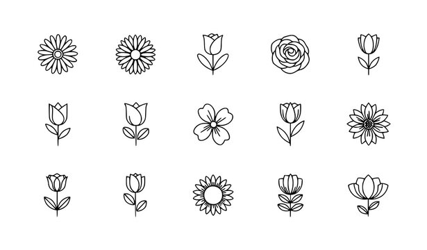 A set of minimalist floral icons in a simple line art style
