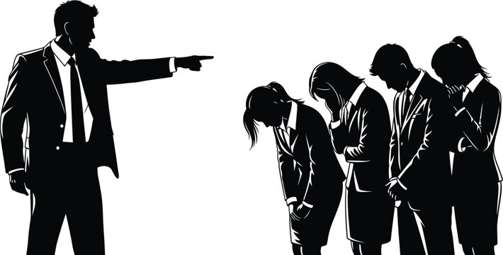 Angry Boss Firing Employees Silhouette Businessman Pointing Dismissal Workplace Conflict Layoff Corporate Stress Leadership Problem Black Vector Isolated White Background