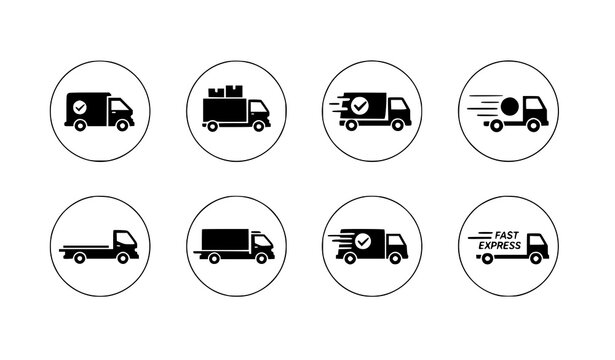 A set of black and white delivery truck icons in a circular design