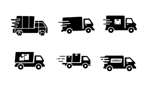 A set of black and white delivery truck icons in various motion silhouettes