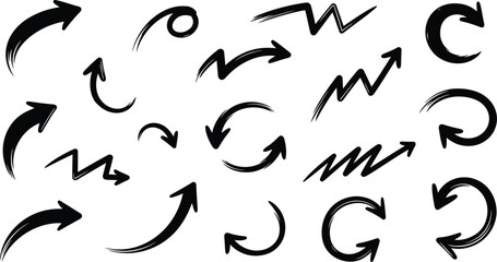 Fototapeta premium A versatile collection of various hand-drawn black arrow icons, showcasing different styles of direction, movement, and navigation with an expressive, sketch-like quality on a white background.