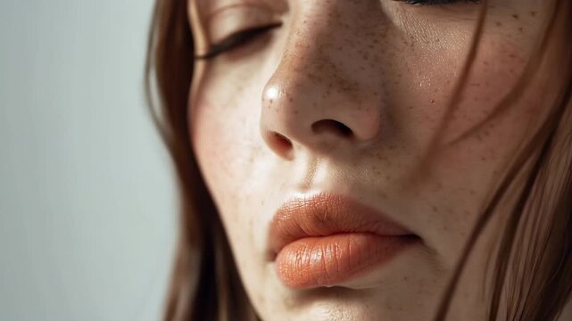 女性が白い背景のスタジオで自然光に近い柔らかな光を受けた近接肖像