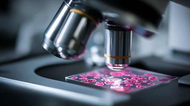 Professional microscope with slide containing biological samples