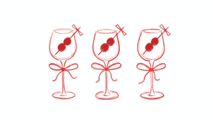 Fototapeta premium Three decorative wine glasses featuring heart-shaped accents and delicate bows for celebrations